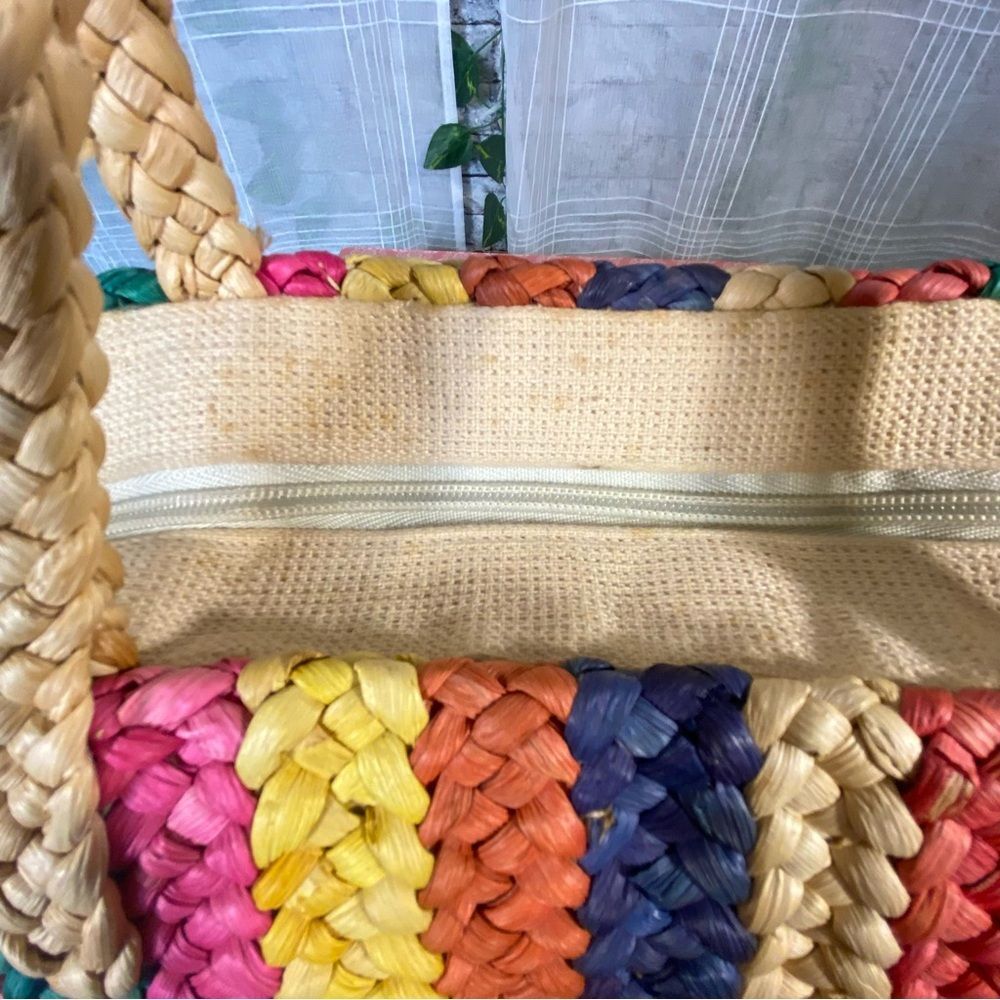 Waves Straw Beach Bag Vintage 80s 90s Colorful Deep Tote Dual Handle Flat Bottom - Picture 7 of 9